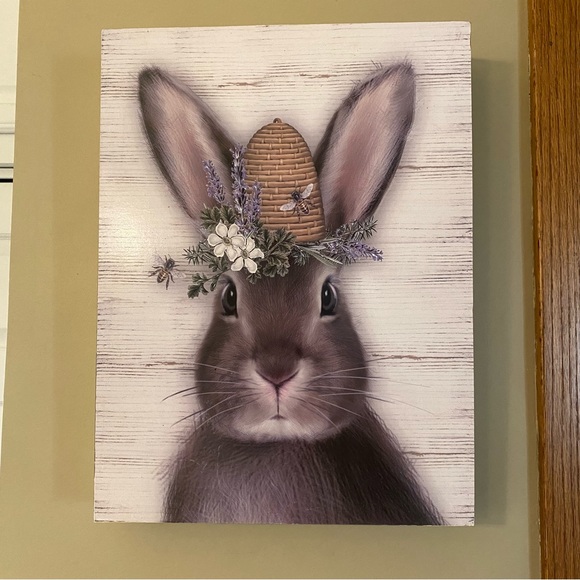 Springtime Bunny with Beehive Wooden Picture - Picture 1 of 10